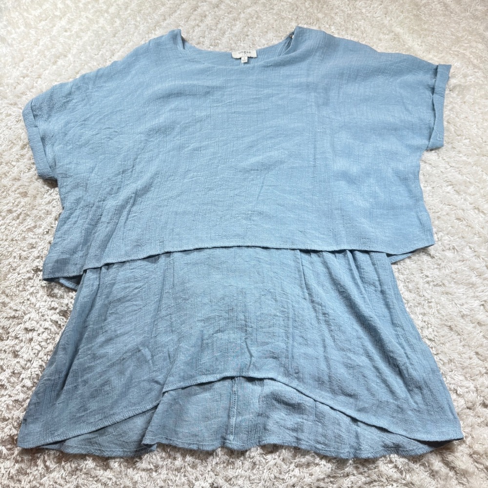 Umgee Top Large Blue Textured Crinkle Layered Short Sleeve Tunic Boho Office